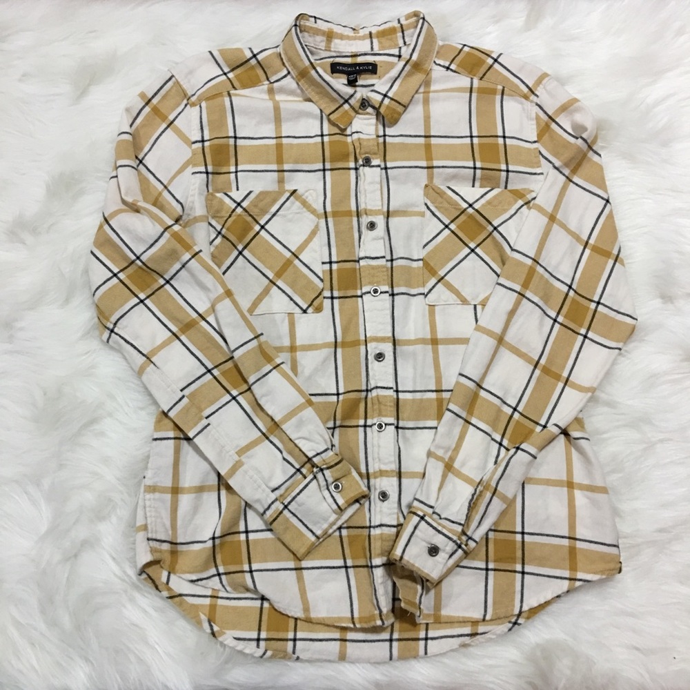 Kendall & Kylie yellow/beige & white plaid flannel
